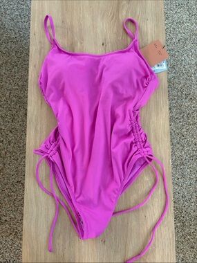 Womens Pink One-Piece Swim Suit with Side Ties